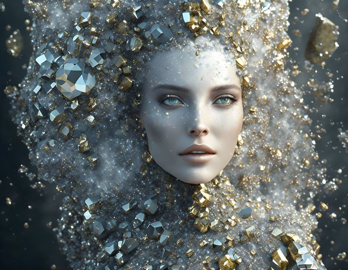 Digital Art: Woman's Face in Crystals and Gold on Dark Background