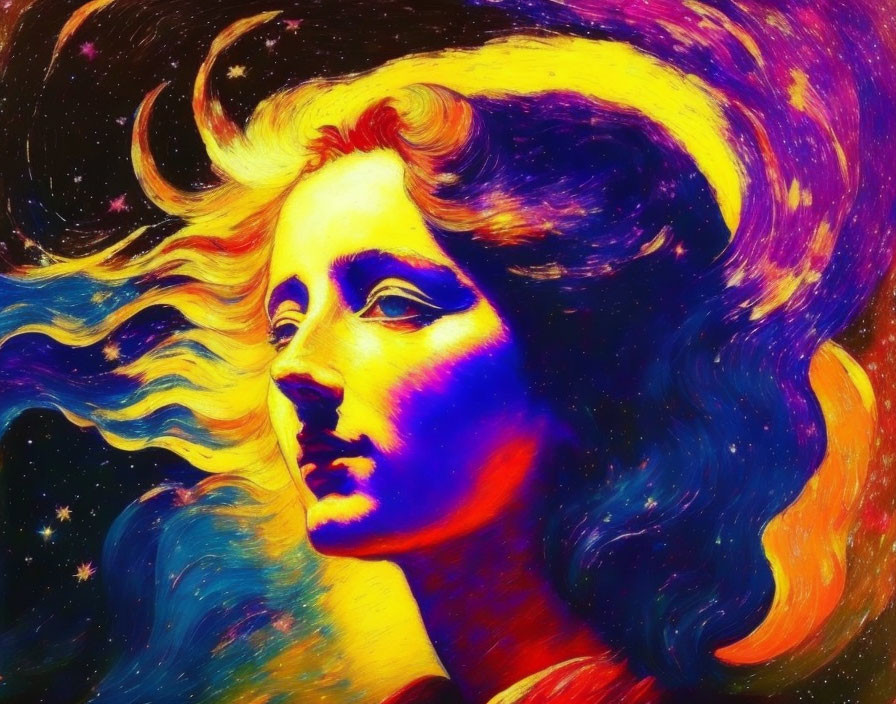 Colorful Artwork: Woman with Flowing Hair in Cosmic Background