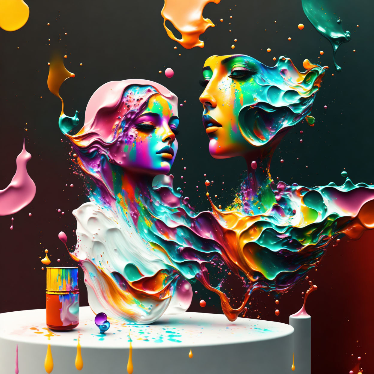 Colorful liquid art faces on dark backdrop with paint splashes.