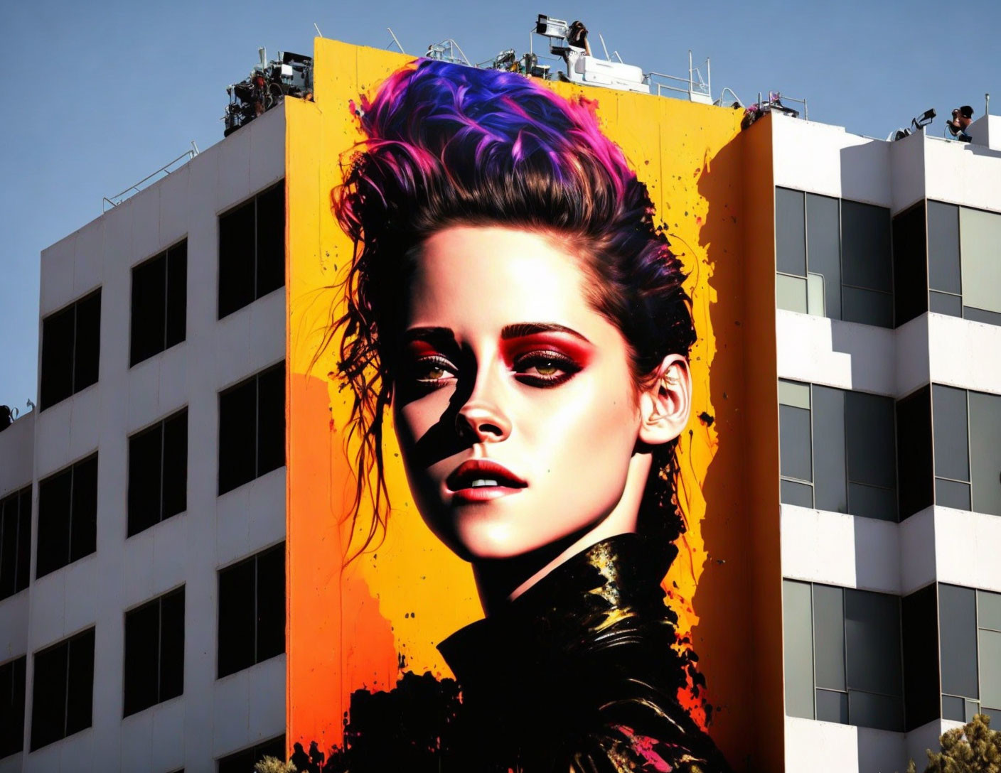 Vibrant street art mural featuring woman with purple hair.