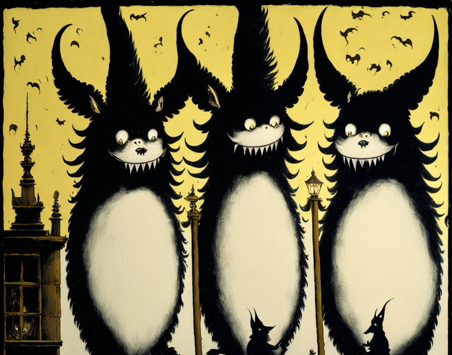 Three stylized black-furred creatures with grinning faces on a yellow backdrop.