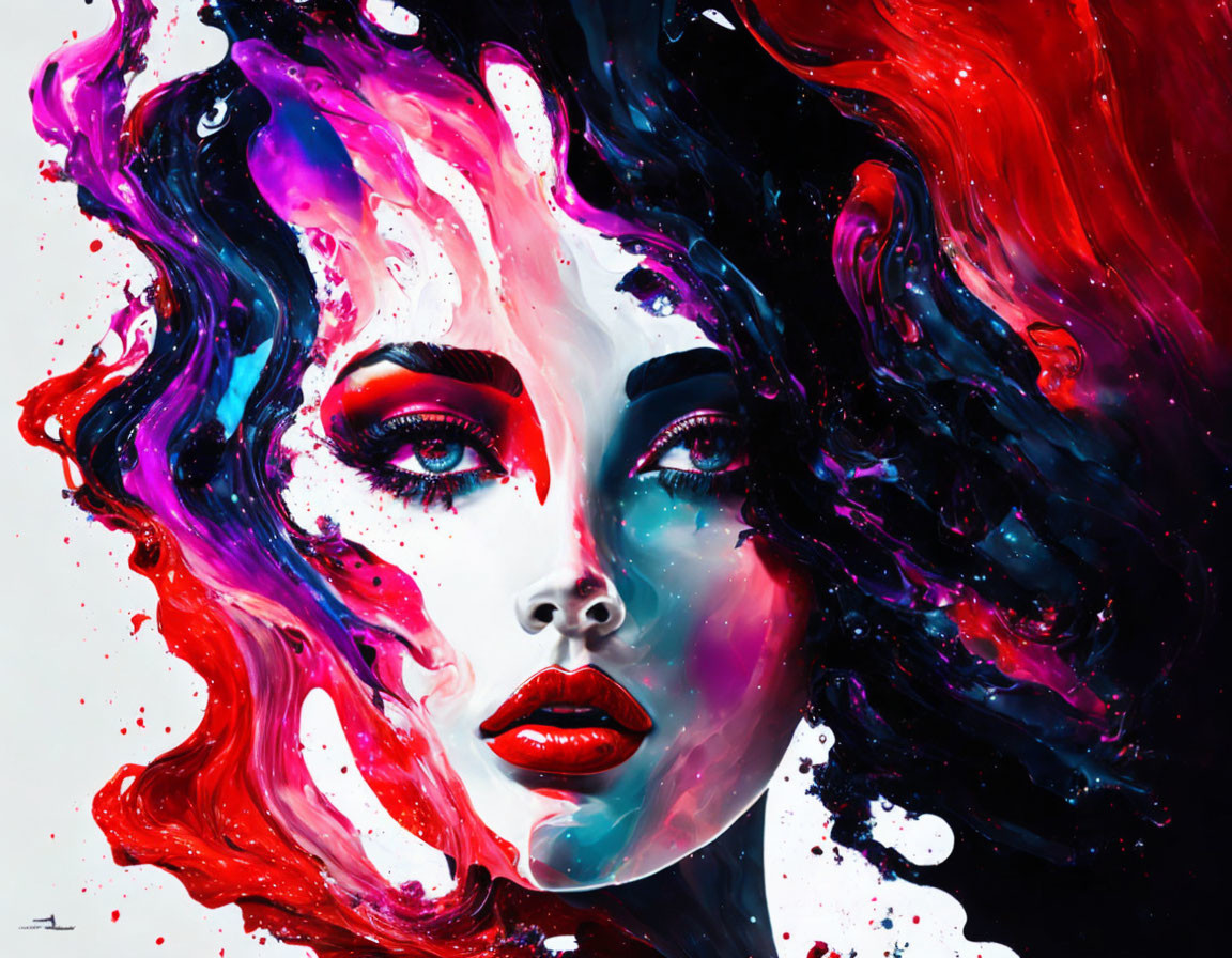 Colorful abstract painting of a woman's face with flowing red, blue, and white paint splashes