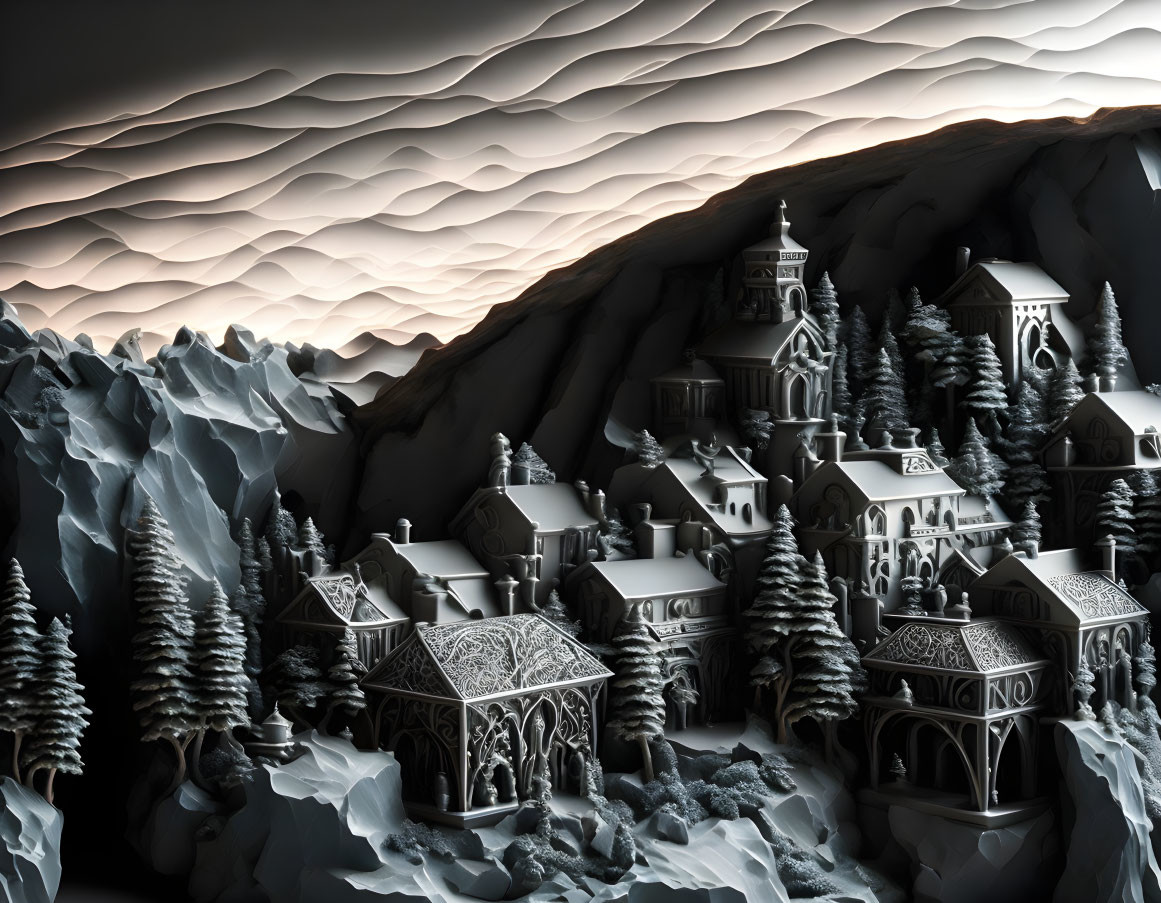 Monochromatic 3D Snowy Mountain Village Scene