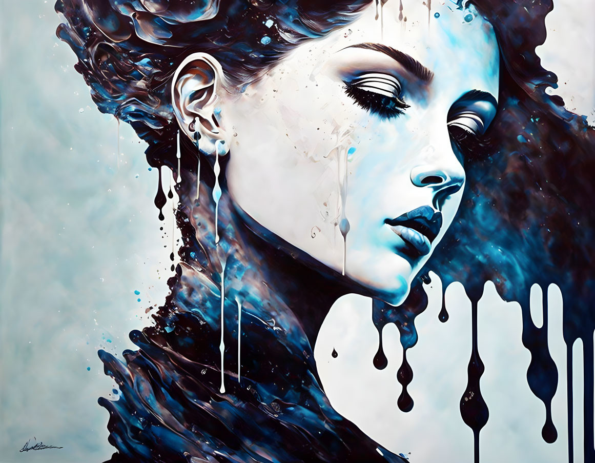 Stylized portrait of a woman with closed eyes and blue dripping paint effects