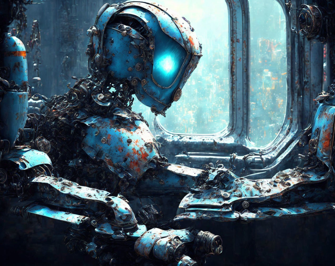 Weathered Blue Robot with Glowing Eye Amidst Machinery and Window View