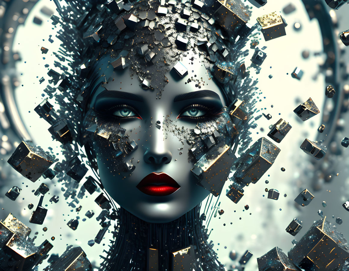 Digital artwork: Female figure with metallic face fracturing, surrounded by debris, against cool-toned backdrop