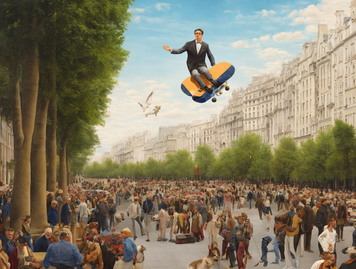 Man in suit aerial skateboard trick over vintage street crowd