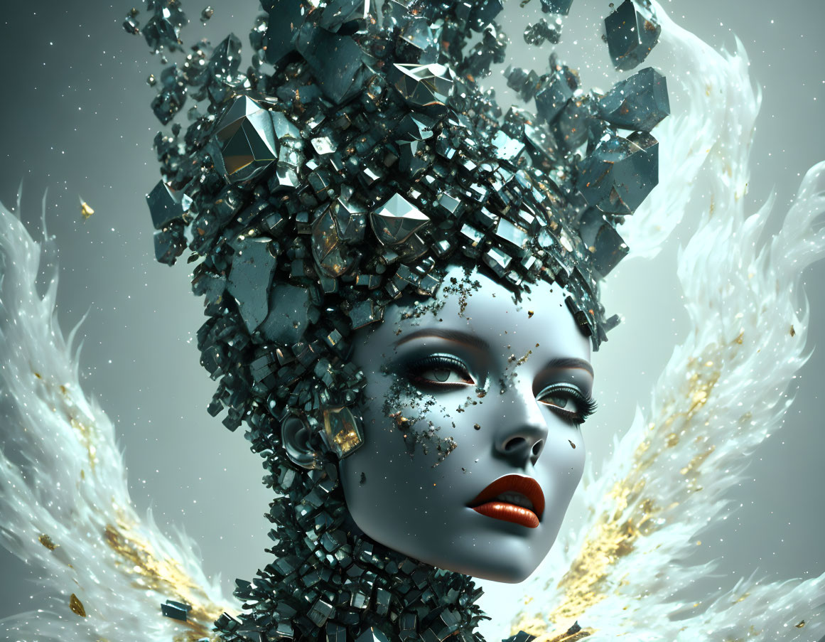 Digital Art: Woman's Face with Crystal Hair and Golden Particles