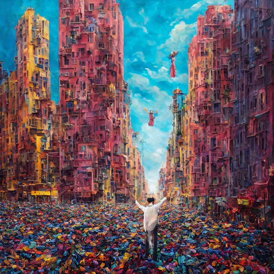 Colorful surreal painting: man in clothes sea with tall buildings & floating figure