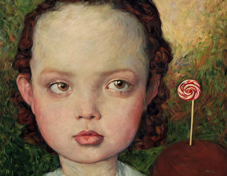 Portrait of child with big eyes next to lollipop art.