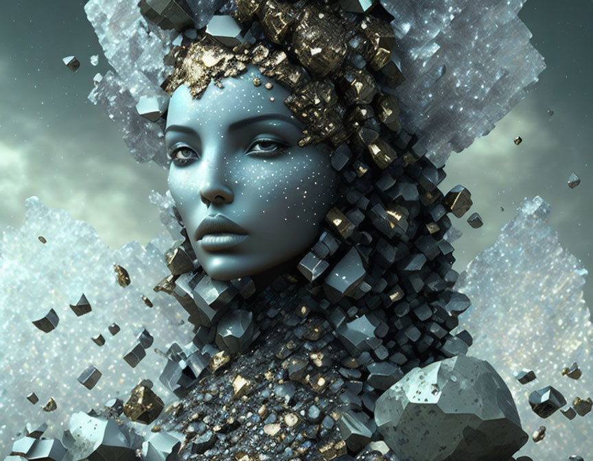 Surreal portrait of woman merging with crystalline structure under grey sky