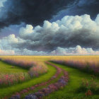 Scenic painting of a winding dirt path through wildflower meadow under stormy sky