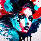 Colorful Abstract Portrait of Woman with Paint Drips and Floral Patterns