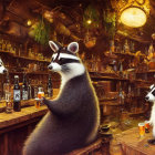 Rustic bar scene with three raccoons conversing