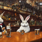 Anthropomorphic rabbits enjoying beers at a bar with bottles and accessories.