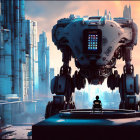 Futuristic cityscape with person and advanced robot