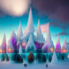 Enchanting ice palace illuminated by purple and blue lights at twilight