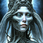 Blue-skinned female figure with vibrant eyes in cosmic setting