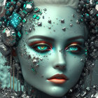 Futuristic woman with crystalline headpiece and vibrant eyes in ethereal setting