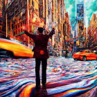 Colorful urban scene with person in red coat amidst swirling city distortions