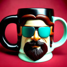 Man Face Novelty Mug with Sunglasses, Mustache, and Beard on Red Background