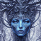 Blue-skinned figure with crystalline crown in surreal artwork