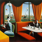 Surrealistic painting of humanoid figures in stylized café