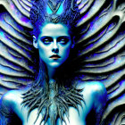 Person with intricate blue and black feather-like body art and dramatic makeup on textured backdrop