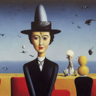 Surrealist painting: elongated face with bowler hat by calm sea