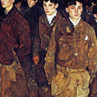 Crowded group of solemn young soldiers in brown military uniforms