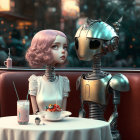 Pink-haired doll-like girl and humanoid robot at diner table in deep conversation