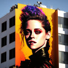 Vibrant street art mural featuring woman with purple hair.