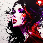 Vibrant red hair merges into ink splashes on white canvas