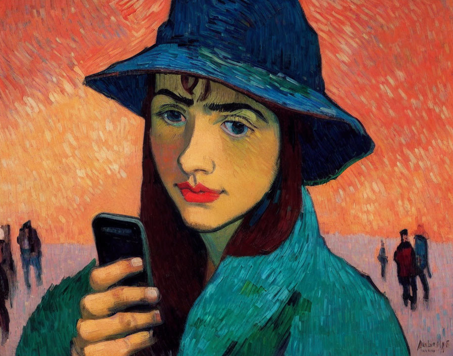 Digital alteration of portrait: Woman in blue hat on smartphone with orange backdrop