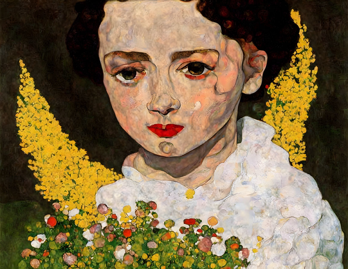 Portrait of Woman with Expressive Gaze Surrounded by Yellow Flowers