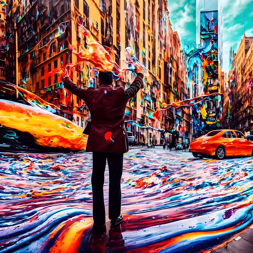 Colorful urban scene with person in red coat amidst swirling city distortions