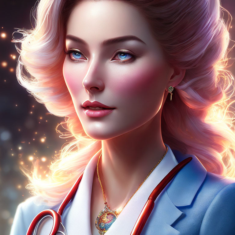 Portrait of Woman with Blue Eyes and Blonde Hair in Stethoscope and Blue Coat