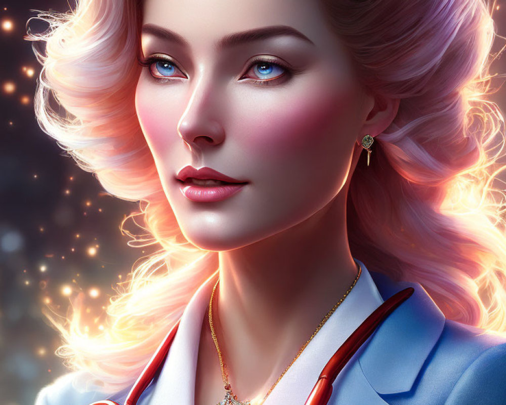 Portrait of Woman with Blue Eyes and Blonde Hair in Stethoscope and Blue Coat