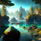 Tranquil landscape with emerald waters, pagoda, pine trees, and misty mountains