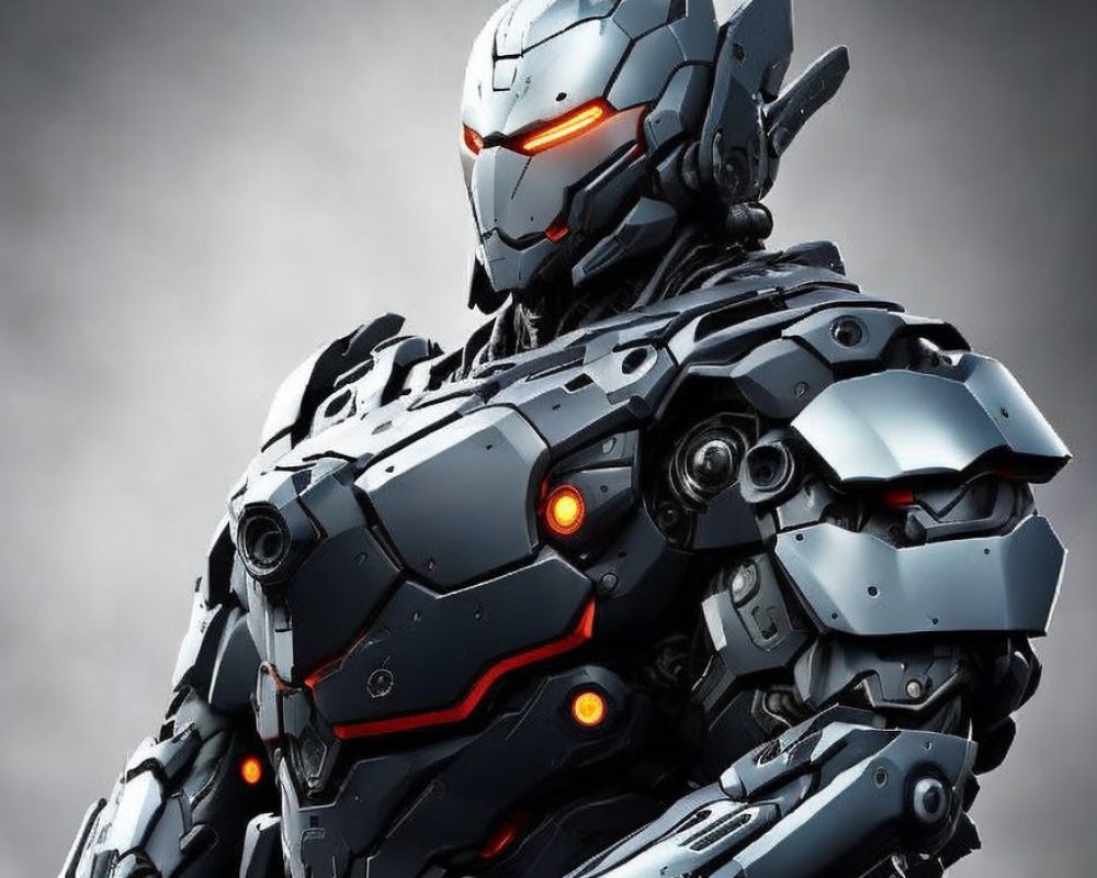 Sleek humanoid robot with black and gray armored design and red glowing accents