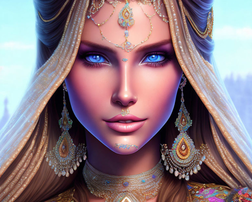 Digital artwork: Woman with blue eyes, ornate jewelry, headdress on blue backdrop