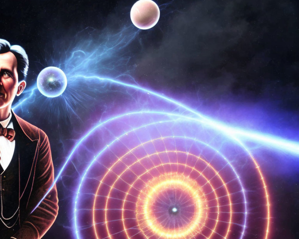 Man in vintage suit with cosmic background & energy beams connecting planets, symbolizing thought or inspiration.