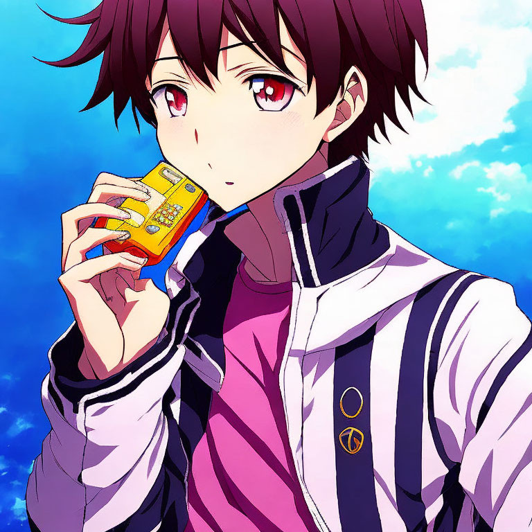 Burgundy-Haired Anime Character Drinking Juice Box in Purple & White Jacket