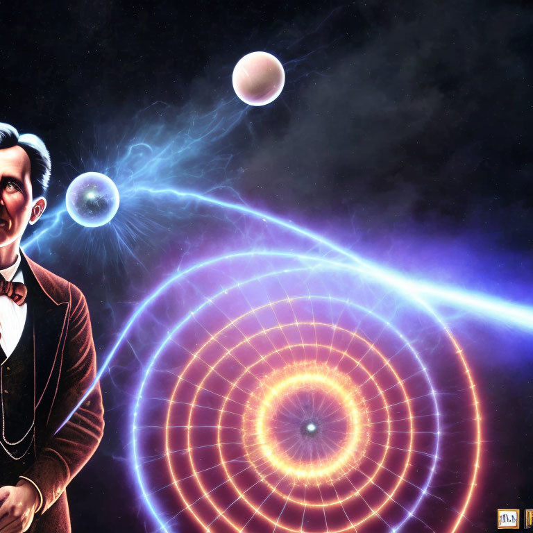 Man in vintage suit with cosmic background & energy beams connecting planets, symbolizing thought or inspiration.