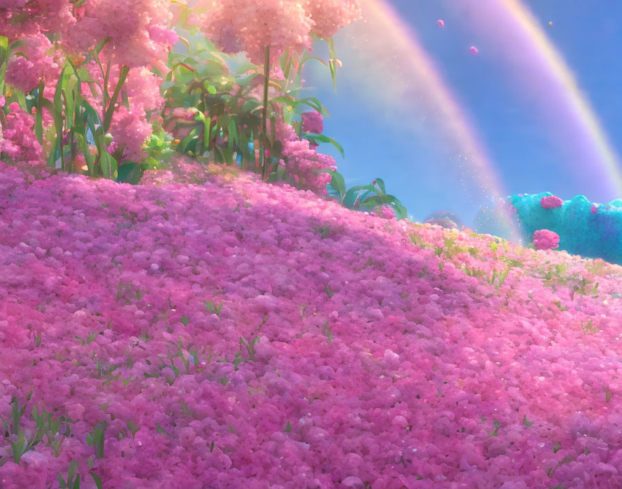 Pink Blossoms Blanket Hill in Dreamlike Garden Scene