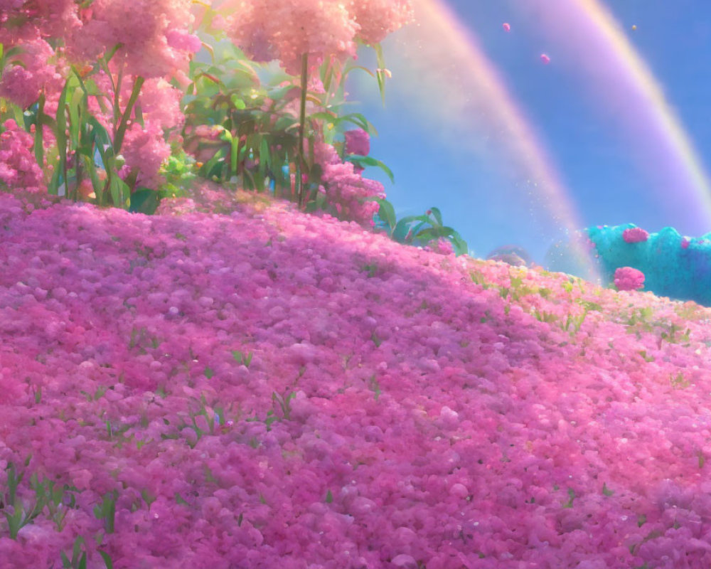 Pink Blossoms Blanket Hill in Dreamlike Garden Scene