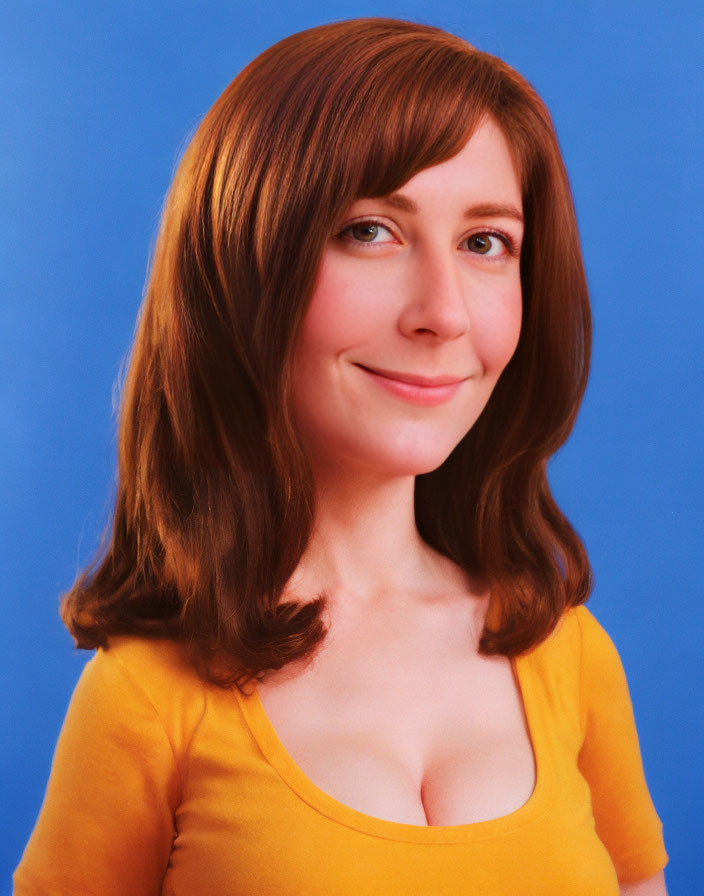 Auburn-Haired Woman in Yellow Top Smiling on Blue Background