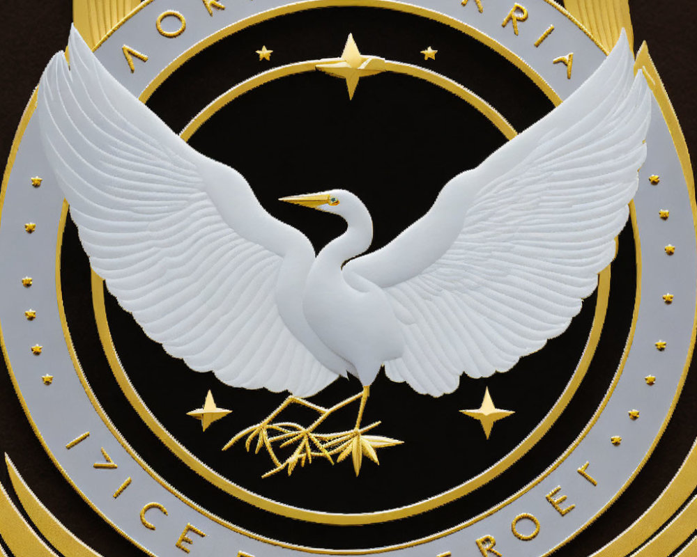 Circular white heron emblem with olive branches and stars on seal.