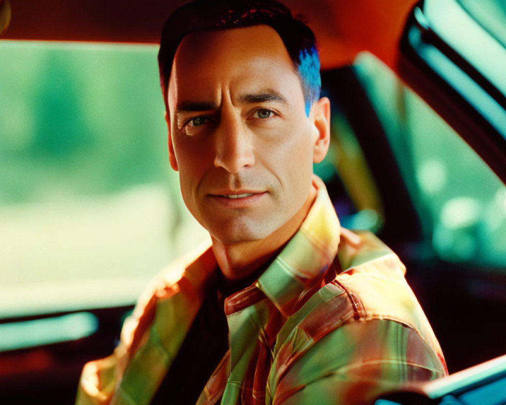 Dark-Haired Man Smiling in Striped Shirt in Car Seat with Sunlight