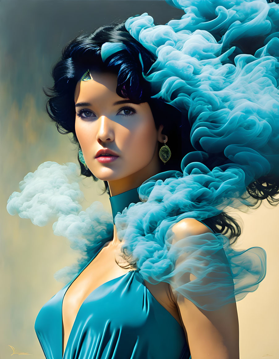 Stylized portrait of woman with dark hair and blue dress against warm backdrop